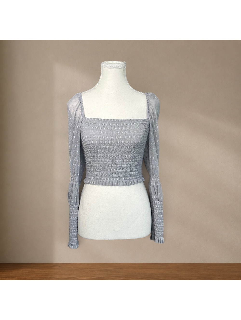 Free People Smocked Mesh Top Gray Swiss Dot Puff Sleeve Cottagecore Romantic